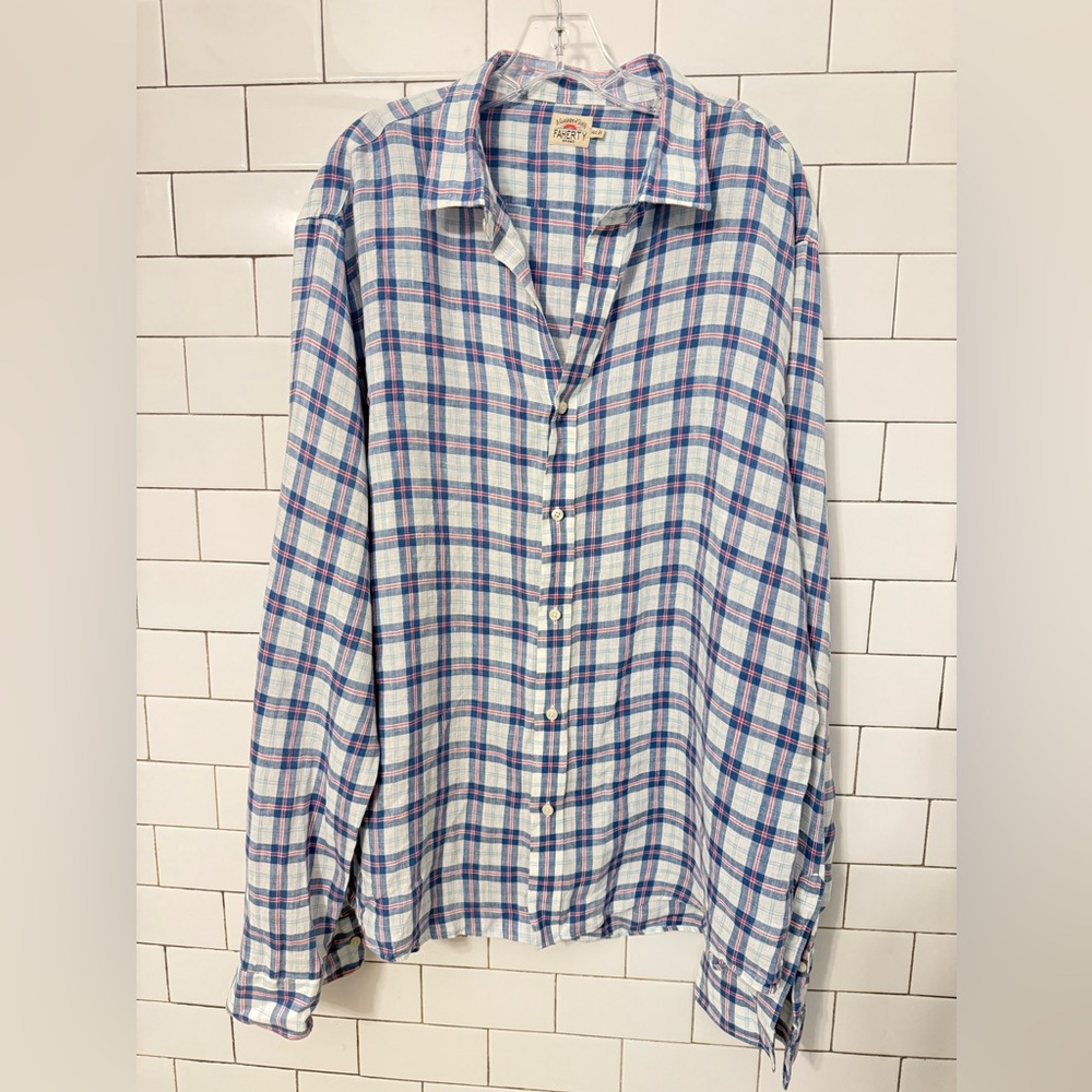 Faherty Men’s Darren Plaid Button Up Shirt 100% Linen Long Sleeve Blue Pink XXL